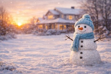 Smiling snowman in a snowy suburban yard at sunset, with low winter sun, soft snowfall, and a blurred villa in the background, creating a warm, peaceful seasonal atmosphere.