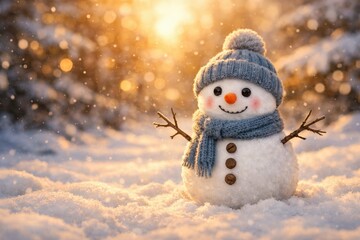Smiling snowman in a snowy suburban yard at sunset, with low winter sun, soft snowfall, and a blurred villa in the background, creating a warm, peaceful seasonal atmosphere.