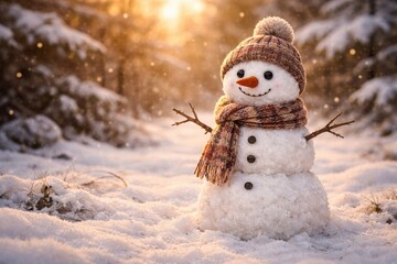 Smiling snowman in a snowy suburban yard at sunset, with low winter sun, soft snowfall, and a blurred villa in the background, creating a warm, peaceful seasonal atmosphere.