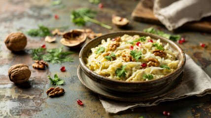 A dish of Georgian cuisine.
White cabbage mkhali. White cabbage mkhali is a traditional Georgian cold appetizer consisting of vegetable paste with nuts.
