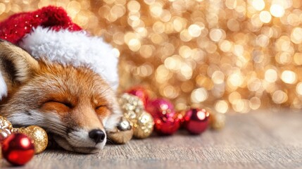 Fototapeta premium Fox wearing Santa hat rests among colorful decorations during holiday season