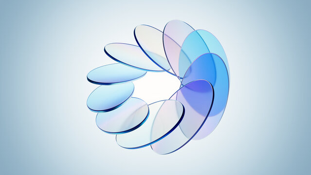 Abstract spiral of precise iridescent discs against a blue background