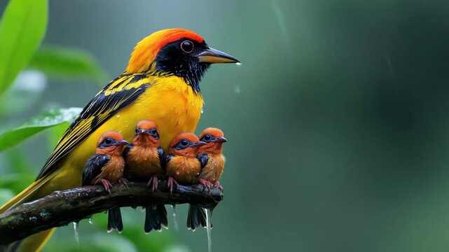 Troupial protecting chicks from rain on a branch