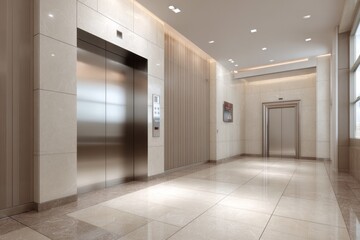 Modern building lobby features polished stone surfaces and brushed metal elevators
