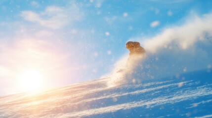 Person snowboarding on a mountain slope during a sunny winter day