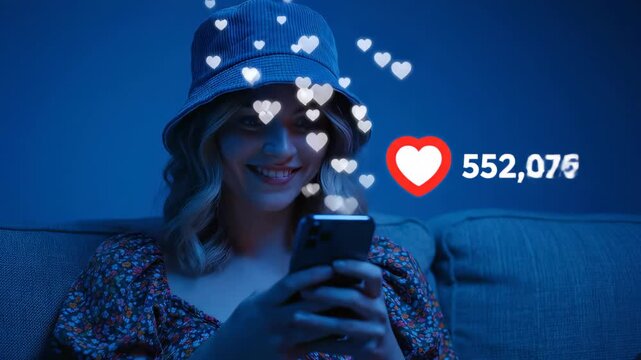 Smiling female influencer wearing a bucket hat checks phone showing likes and floating heart icons in blue light, concept for digital marketing, social media addiction and modern technology lifestyle