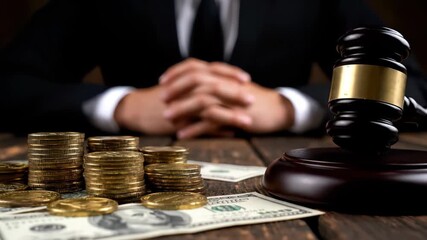 Gold coins, dollar bills and a wooden gavel resting on a desk, with a blurred financial attorney sitting, concept for legal consultation, financial regulation and bribery investigation