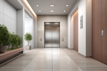 Obraz premium Contemporary building lobby features a polished metal elevator framed by modern finishes and greenery