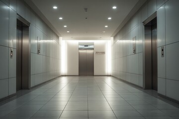 Symmetrical contemporary building corridor featuring multiple stainless steel lift entrances and bright artificial lighting
