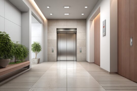 Contemporary building lobby features a polished metal elevator framed by modern finishes and greenery - Powered by Adobe