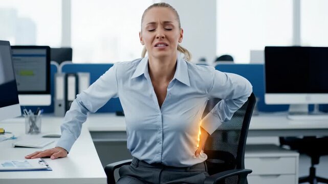 Distressed blonde female executive suffering from sharp lower back pain while sitting in her office desk chair, concept for health insurance, ergonomic solutions and work injury prevention