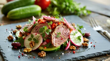 A dish of Georgian cuisine.
Salad with radishes and veal.