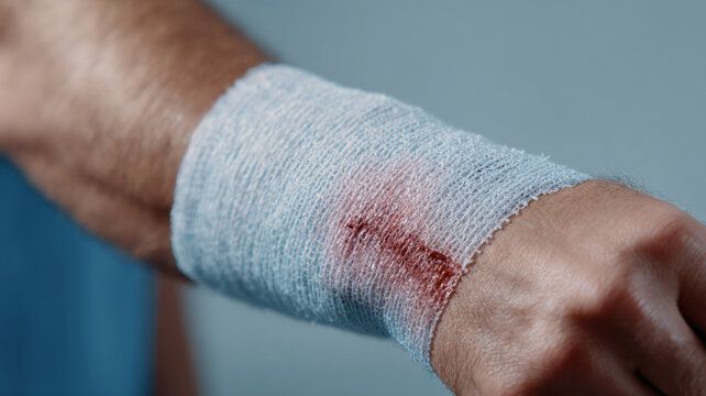 Wound care bandage injured wrist medical dressing gauze wrap fresh cut arm closeup sterile healthcare first aid clinical careful support and calm reassurance
