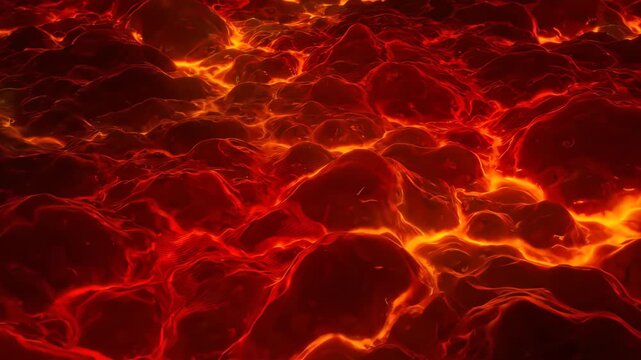 Detailed visualization of glowing molten lava texture with intense red and orange hues forming abstract, rocky structures, concept for gaming backgrounds, abstract artwork and energy visuals