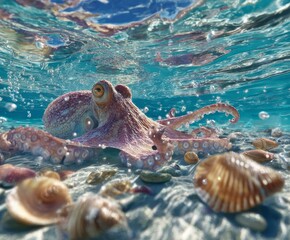 Marine mollusk rests on sandy seafloor near the water surface with light rays filtering down