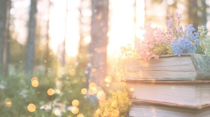 Books placed on a table with flowers and sunlight in a forest setting