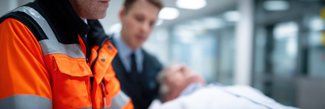 Emergency handoff paramedic ambulance patient stretcher hospital emergency room doctor nurse trauma urgent care medical team healthcare rescue uniform safety reflective corridor gurney teamwork