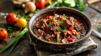 A dish of Georgian cuisine.
Solyanka in Georgian. Solyanka in Georgian is a thick, spicy and very spicy meat stew.