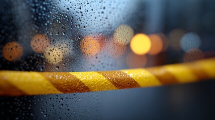 Yellow and brown crime scene tape blocking access to an out of focus street with blurred city lights on a rainy night creates a dramatic and suspenseful atmosphere