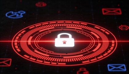 Digital padlock icon on a red glowing circuit representing cybersecurity with copy space 