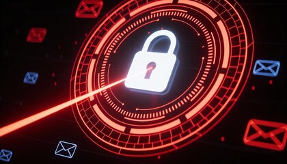 Digital padlock icon on a red glowing circuit representing cybersecurity with copy space 