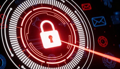 Digital padlock icon on a red glowing circuit representing cybersecurity with copy space 