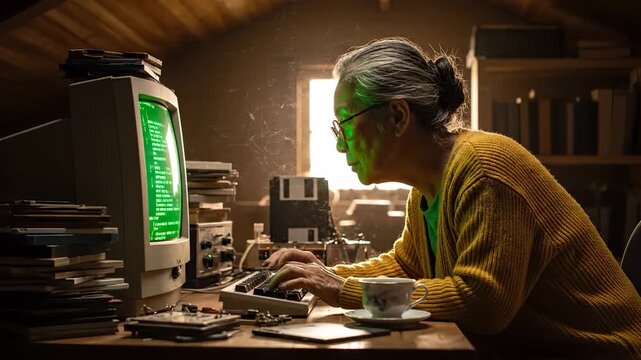Senior woman typing at computer. Retro technology and vintage equipment frame coding desk. Programming focus in workshop setting shows concentration and skill. Quiet study under warm attic light.