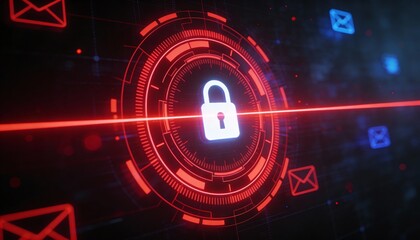 Digital padlock icon on a red glowing circuit representing cybersecurity with copy space 