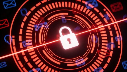 Digital padlock icon on a red glowing circuit representing cybersecurity with copy space 