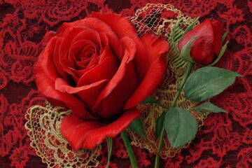 Vibrant red roses and a small bud rest upon intricate lace fabric