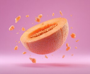 Ripe cantaloupe half suspended in the air with small pieces scattering around it