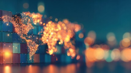 Global trade and shipping with containers and a glowing world map design