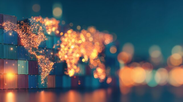 Global trade and shipping with containers and a glowing world map design