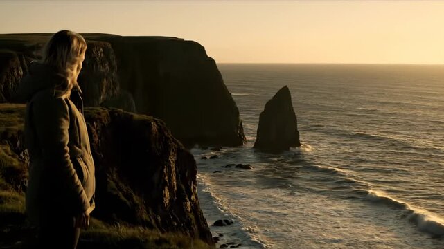 Woman watches ocean from cliff at sunset. Lady observes sea stack near coastal cliff. Golden light on woman viewing ocean. Cliff overlook with woman at sunset. Ocean view from rocky cliff edge.