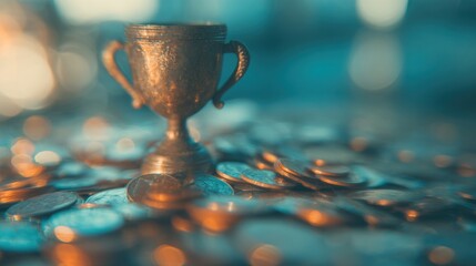 Small trophy on a pile of coins in a bright setting