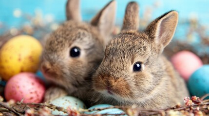 Naklejka premium Two rabbits sitting in a nest with colorful eggs in springtime setting