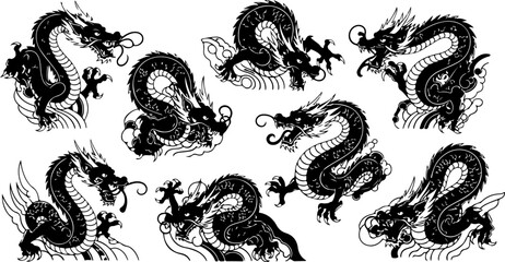 Medieval Winged Dragon Crests & Mythical Flying Beast Silhouette Set