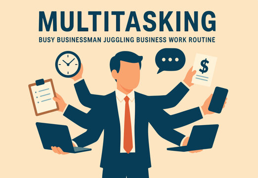 Multitasking working with multiple tasks or job at the same time, busy work, productivity or efficiency overload or overworked concept, busy businessman multitask juggling business work routine