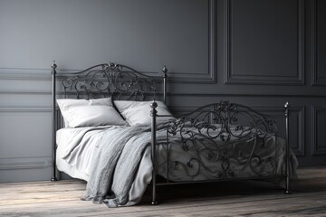 Ornate metal bed frame rests on a wooden floor against paneled walls in a subdued color palette.