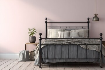Interior scene features classic black metal bed frame against a soft pink wall