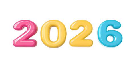 2026 in candy-style 3D typography, bright pink, yellow and blue colors, glossy plastic texture, fun cheerful vibe, smooth curves, transparent background, isolated PNG, high detail