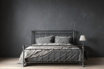 Minimalist bedroom setting features a dark metal frame bed against a textured wall