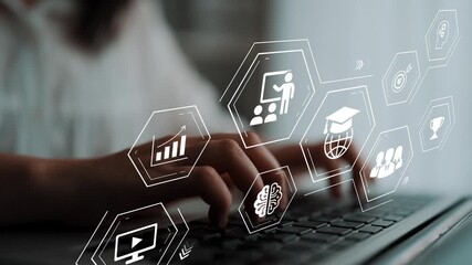 Abstract representation of education and technology featuring person typing on laptop with digital icons symbolizing learning, achievement, and online courses Gluon. - Powered by Adobe