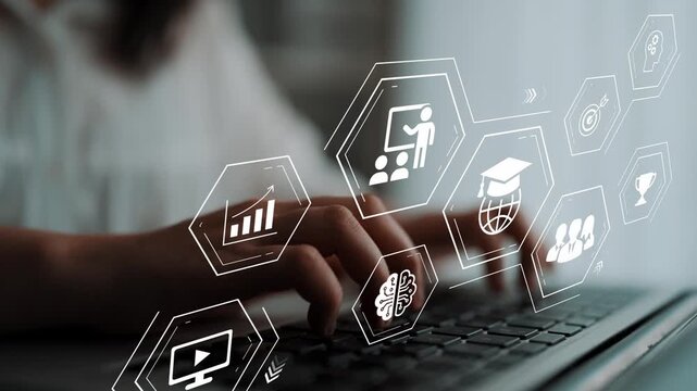 Abstract representation of education and technology featuring person typing on laptop with digital icons symbolizing learning, achievement, and online courses Gluon.