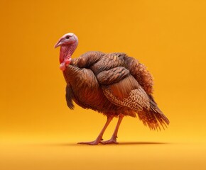 Domestic fowl stands facing left against a vibrant orange background