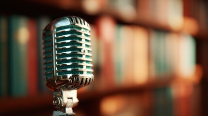 Microphone stands in front of a bookshelf during a speech event at a library