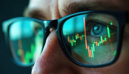 Man wears glasses reflecting stock market charts. He analyzes data for investment strategy and market trading. Focuses on digital finance with intense concentration.
