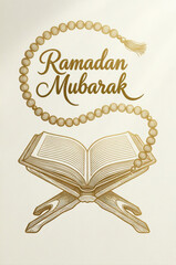 Ramadan mubarak greeting with a sacred open quran and prayer beads for islamic faith