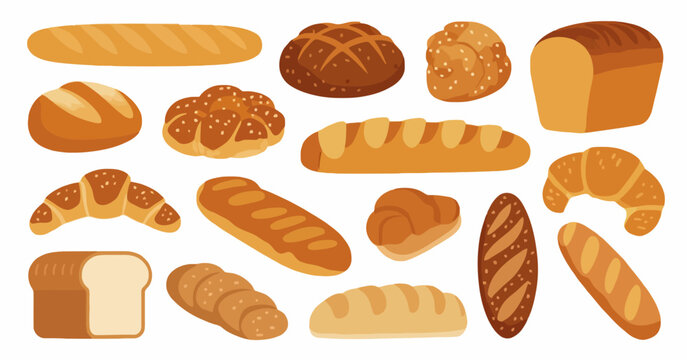 Assortment of baked bread products including baguettes loaves and croissants bakery food