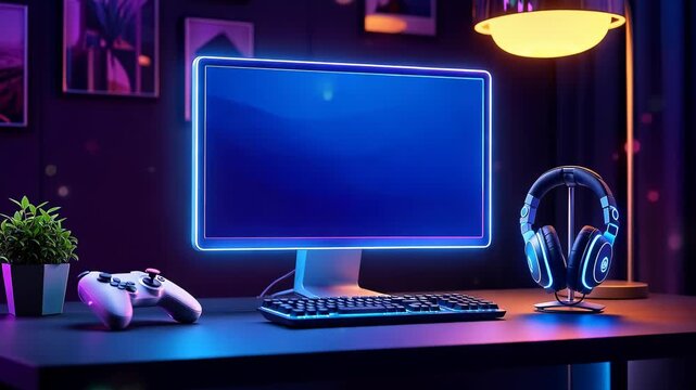 Gaming setup with neon lit computer and accessories
